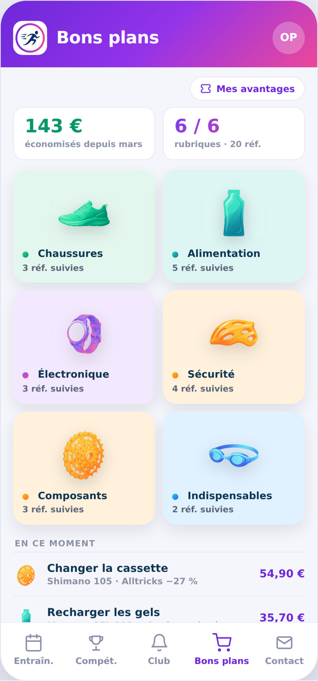 L’onglet Bons plans de l’app Tempo Clubs : le panel