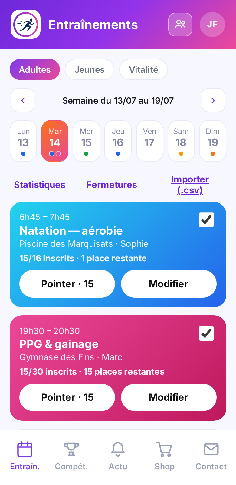 Planning des entraînements