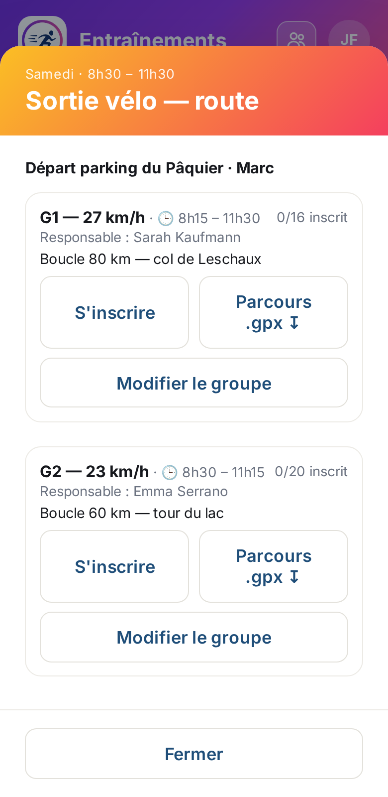 Groupes avec parcours GPX